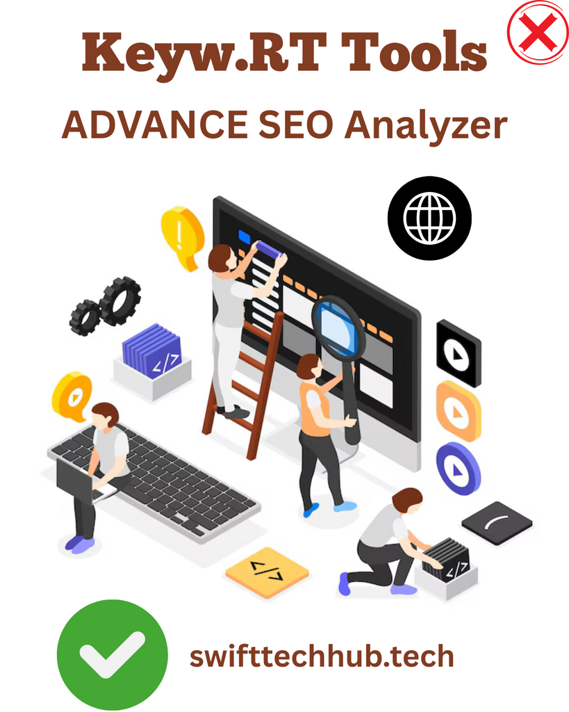 Illustration of people using advanced SEO analyzer tools with large screen, magnifying glass, code elements, and interface icons promoting SwiftTechHub