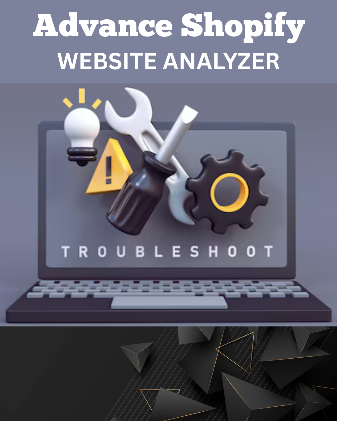 Advanced Shopify website analyzer illustration featuring laptop with tools and troubleshoot icons for diagnosing eCommerce performance issues